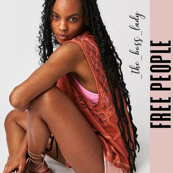 Free People top lace crochet tee cotton shirt - Picture 3 of 7